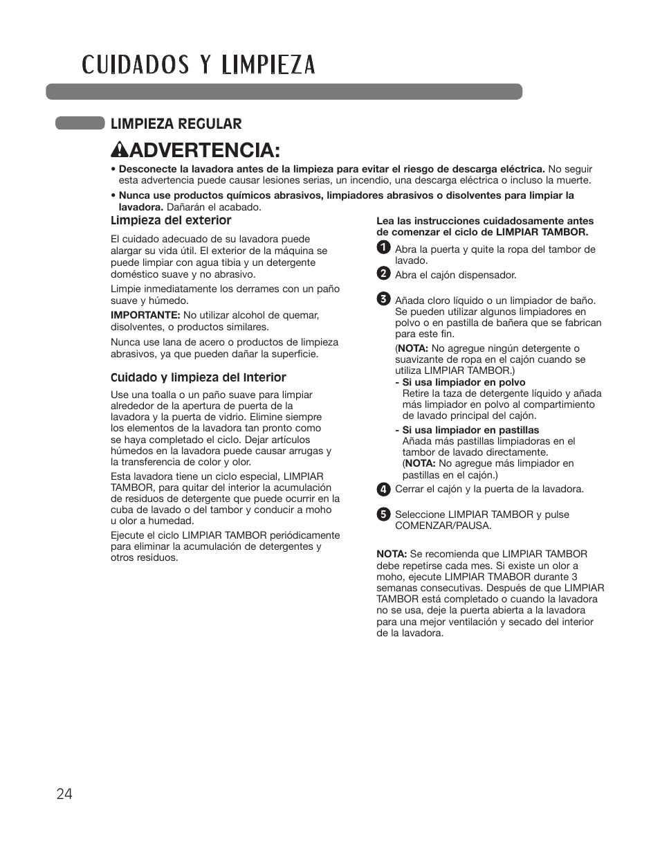 Wadvertencia, Limpieza regular | LG WT5001CW User Manual | Page 58 / 68