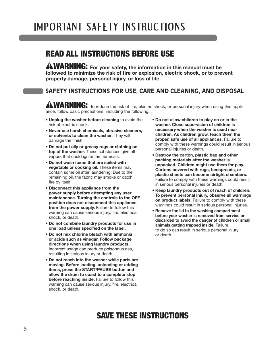 Wwarning | LG WT5001CW User Manual | Page 6 / 68