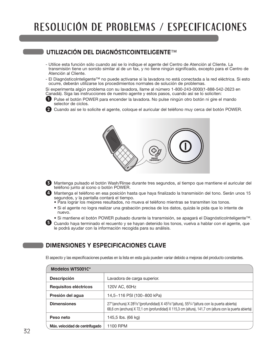 Dimensiones y especificaciones clave, Utilización del diagnósticointeligente | LG WT5001CW User Manual | Page 66 / 68