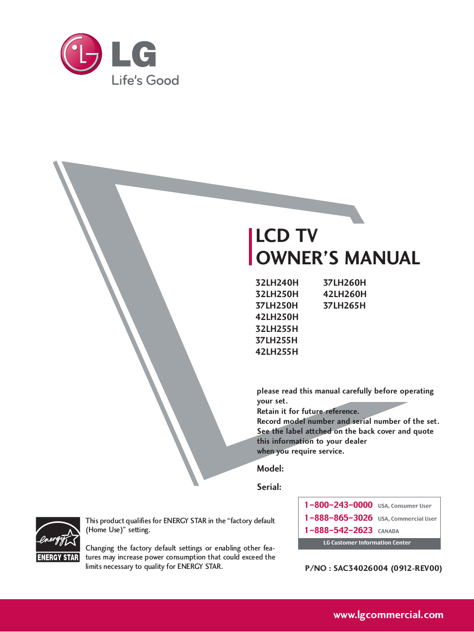 Cover, Lcd tv owner’s manual | LG 32LH240H User Manual | Page 2 / 157