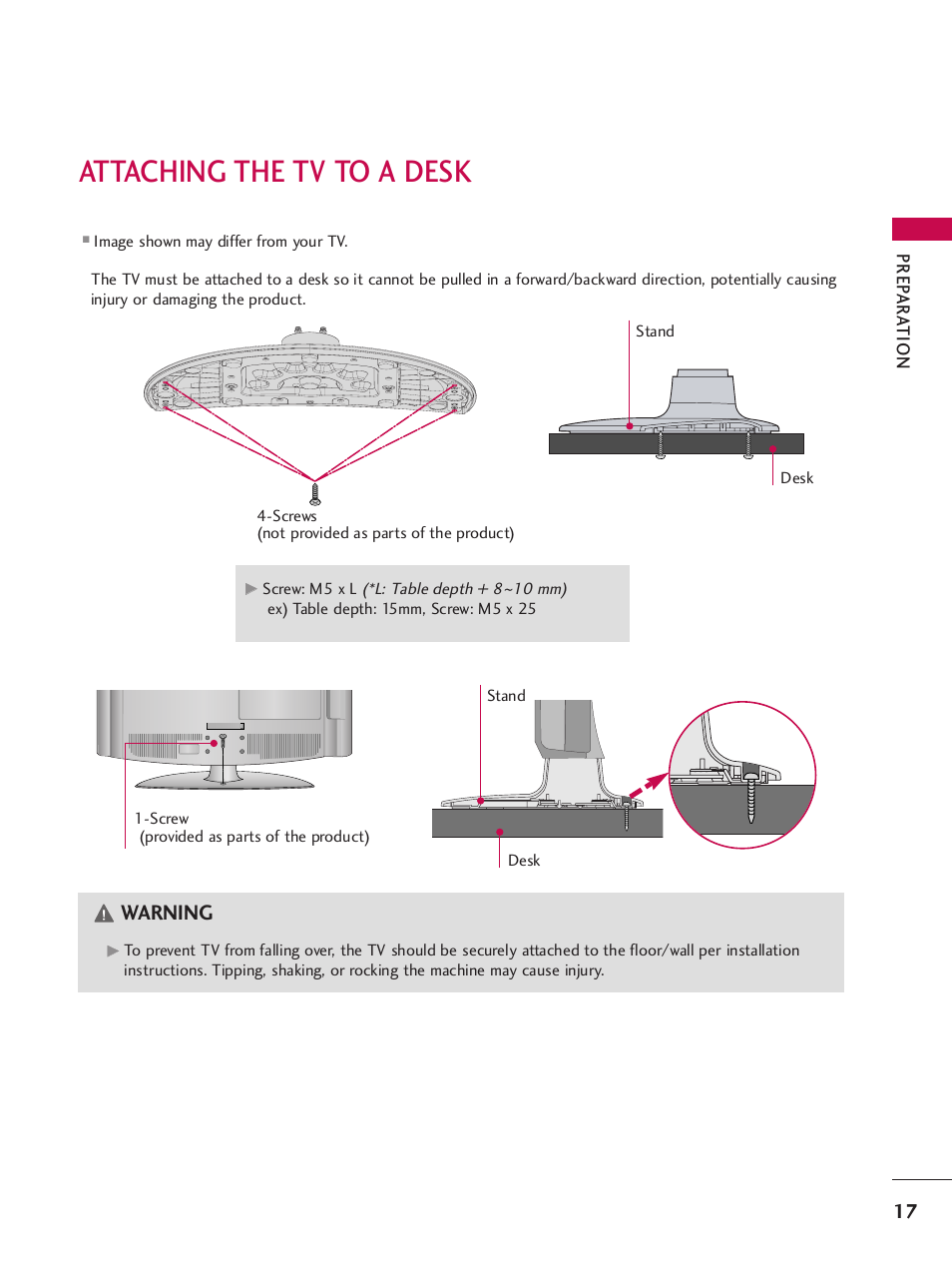 Attaching the tv to a desk, Warning | LG 32LH240H User Manual | Page 20 / 157