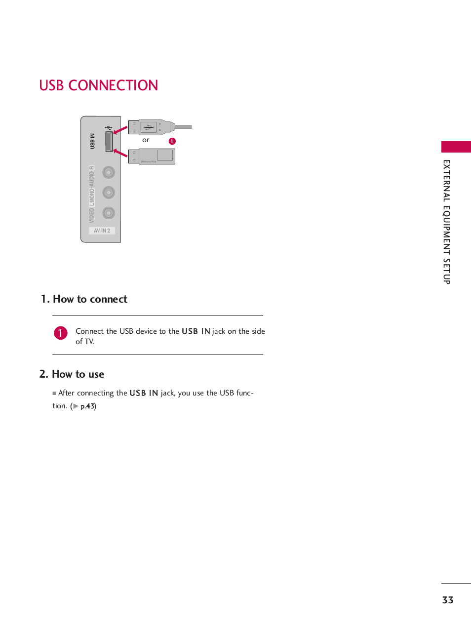 Usb connection, How to connect, How to use | External eq uipment setup | LG 32LH240H User Manual | Page 36 / 157