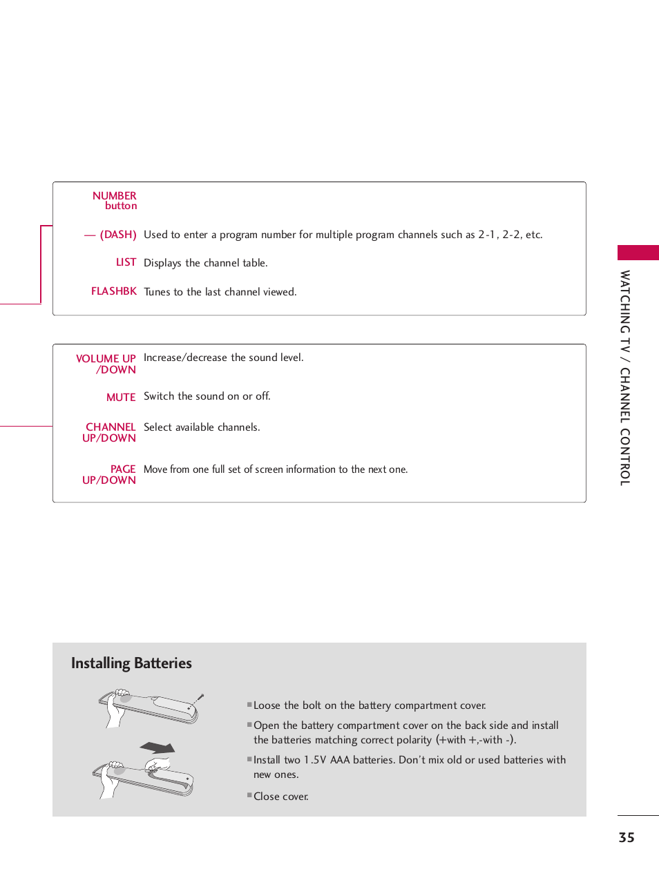Installing batteries | LG 32LH240H User Manual | Page 38 / 157