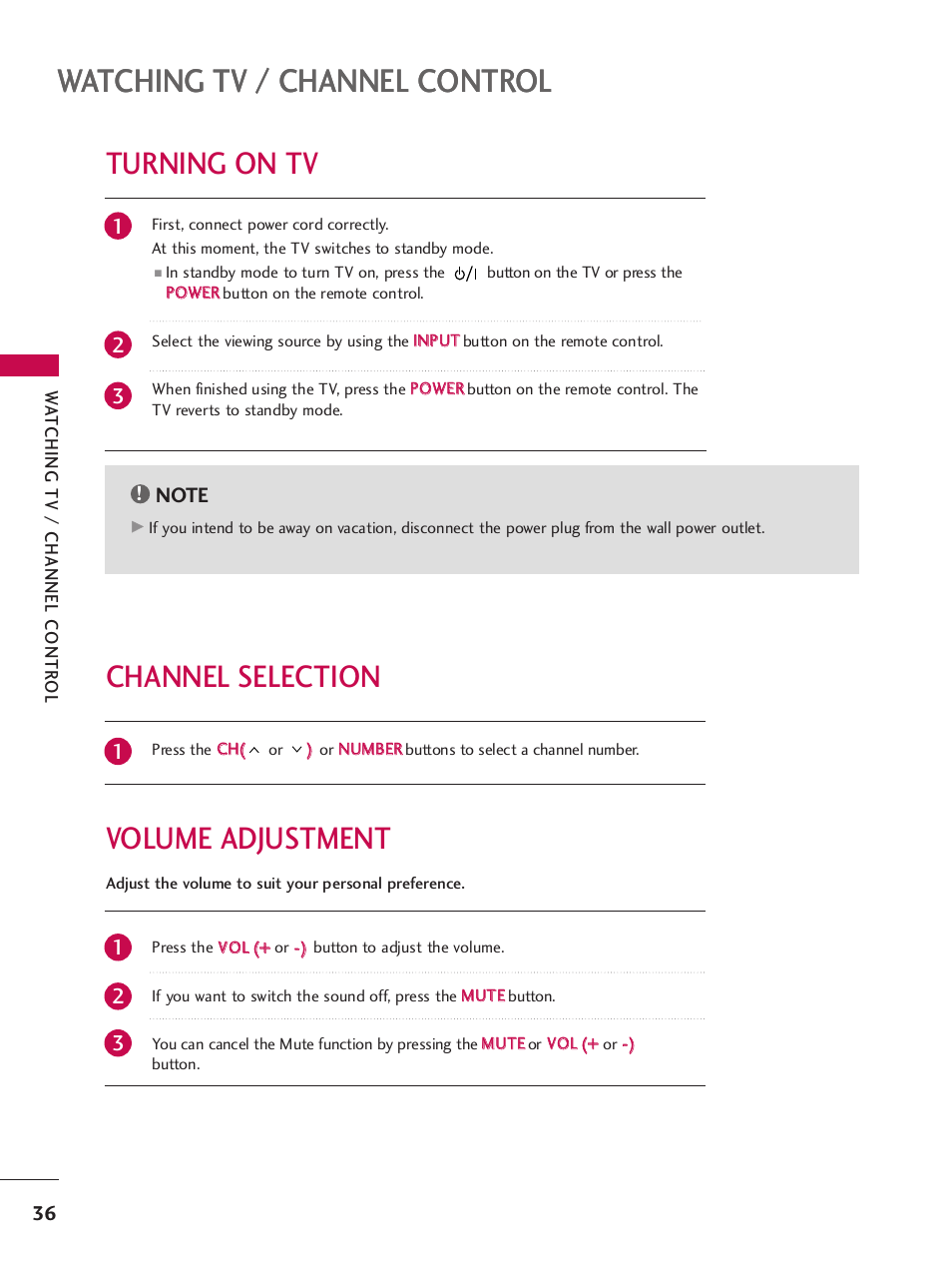 Turning on tv, Channel selection, Volume adjustment | Watching tv / channel control, Volume adjustment channel selection | LG 32LH240H User Manual | Page 39 / 157