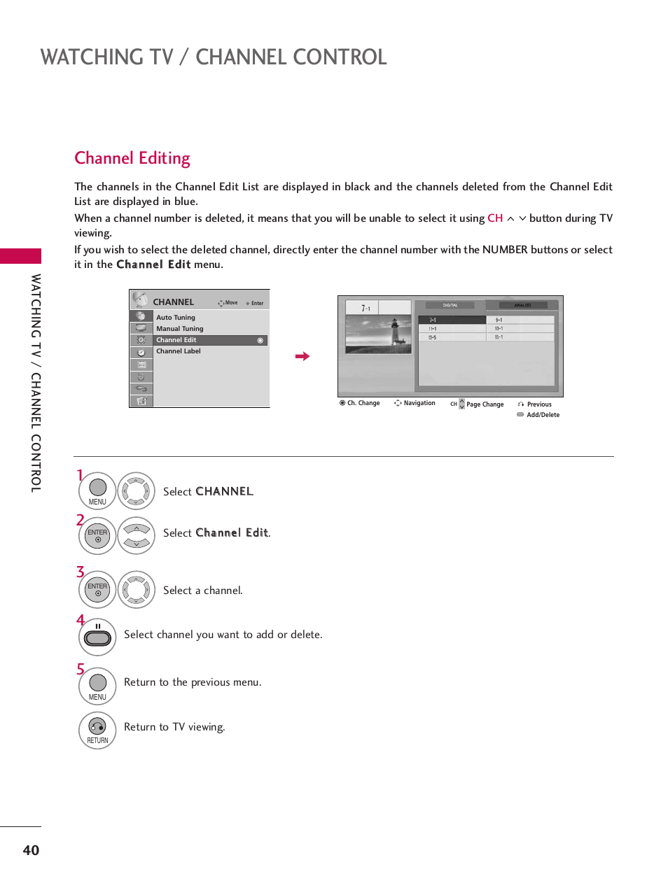 Channel editing, Watching tv / channel control, Wa tching tv / channel contr ol | LG 32LH240H User Manual | Page 43 / 157
