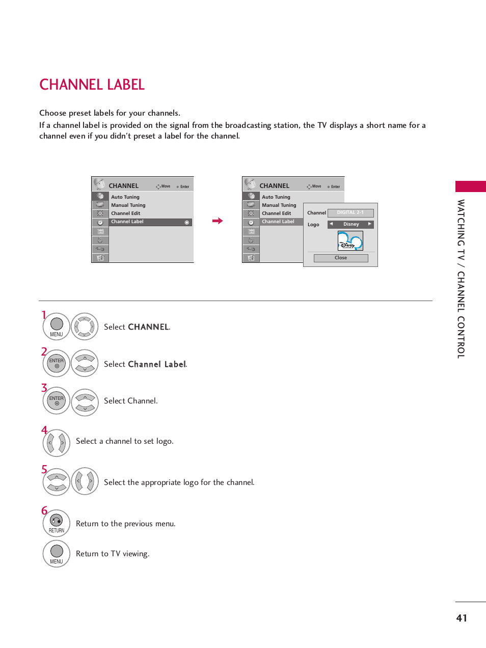 Channel label, Wa tching tv / channel contr ol | LG 32LH240H User Manual | Page 44 / 157