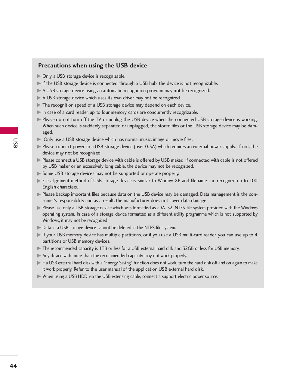 Precautions when using the usb device | LG 32LH240H User Manual | Page 47 / 157