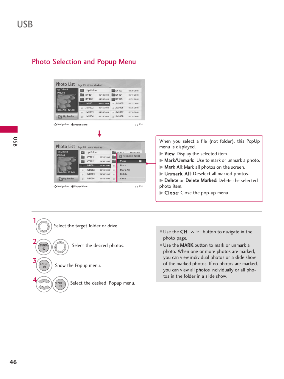 Photo selection and popup menu, Show the popup menu, Select the desired popup menu | Photo list, Vviieew w: display the selected item, Cc ll o o ss ee: close the pop-up menu | LG 32LH240H User Manual | Page 49 / 157