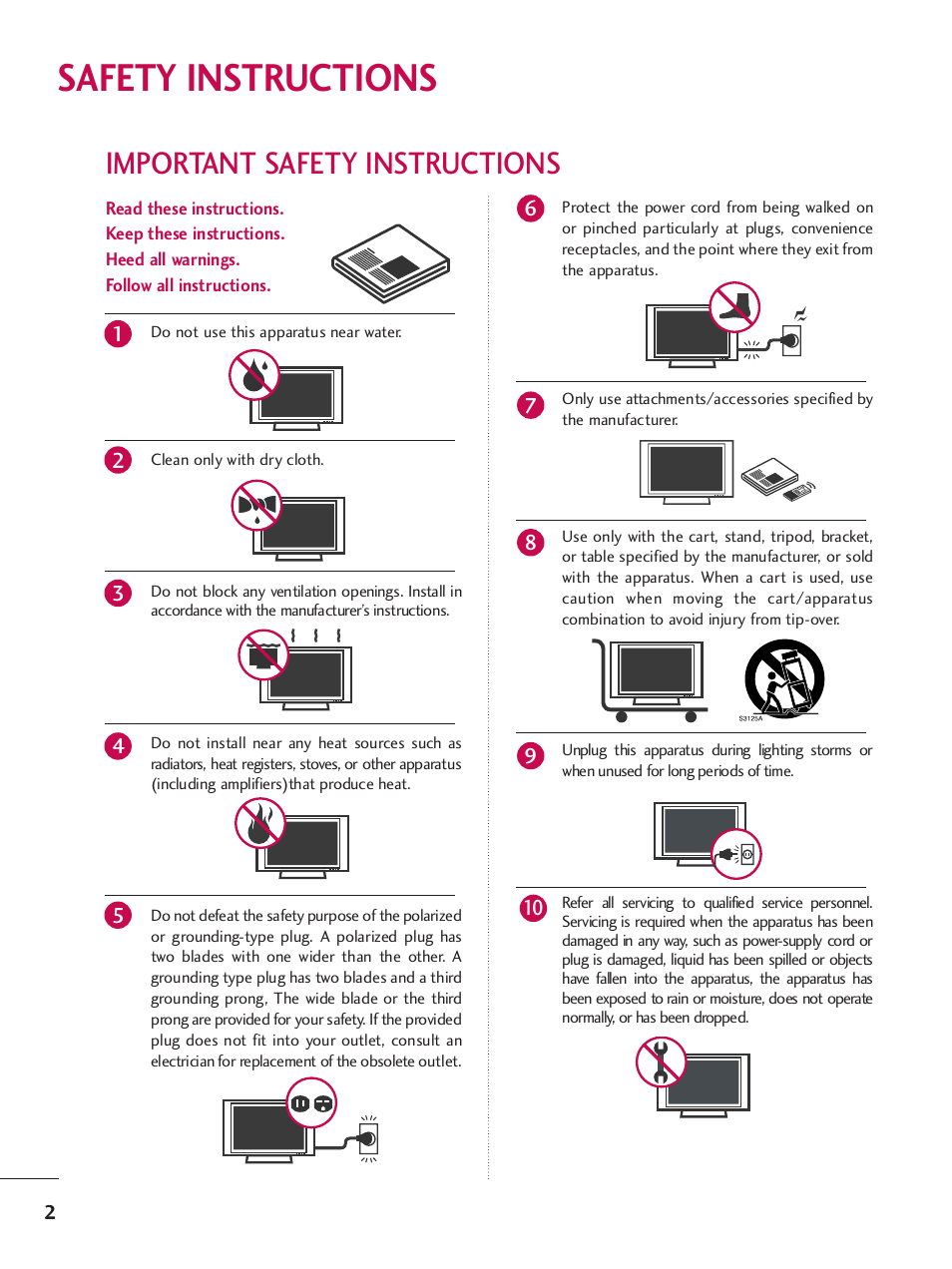Safety instructions, Important safety instructions | LG 32LH240H User Manual | Page 5 / 157