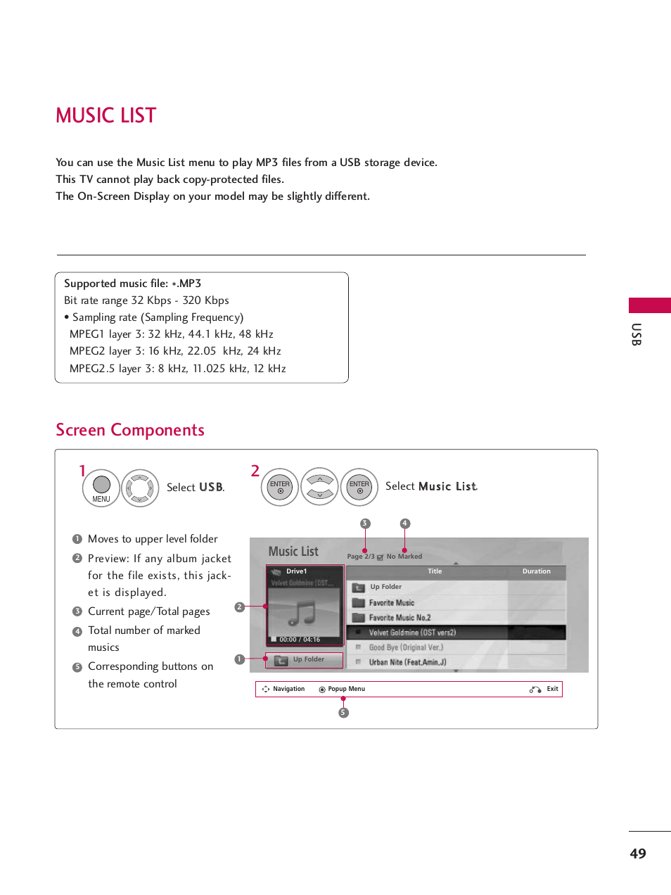 Music list, Screen components | LG 32LH240H User Manual | Page 52 / 157