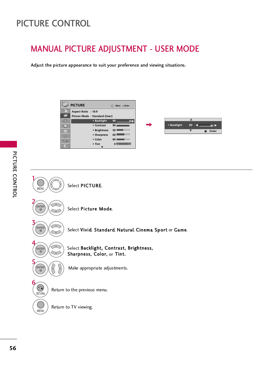 Manual picture adjustment - user mode, Picture control, Picture contr ol | LG 32LH240H User Manual | Page 59 / 157