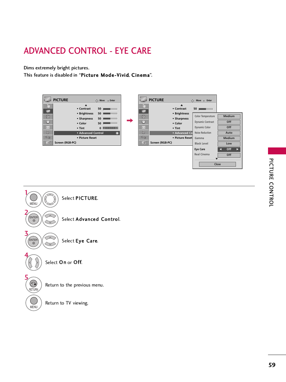 Advanced control - eye care, Picture contr ol, Return to the previous menu | Return to tv viewing | LG 32LH240H User Manual | Page 62 / 157