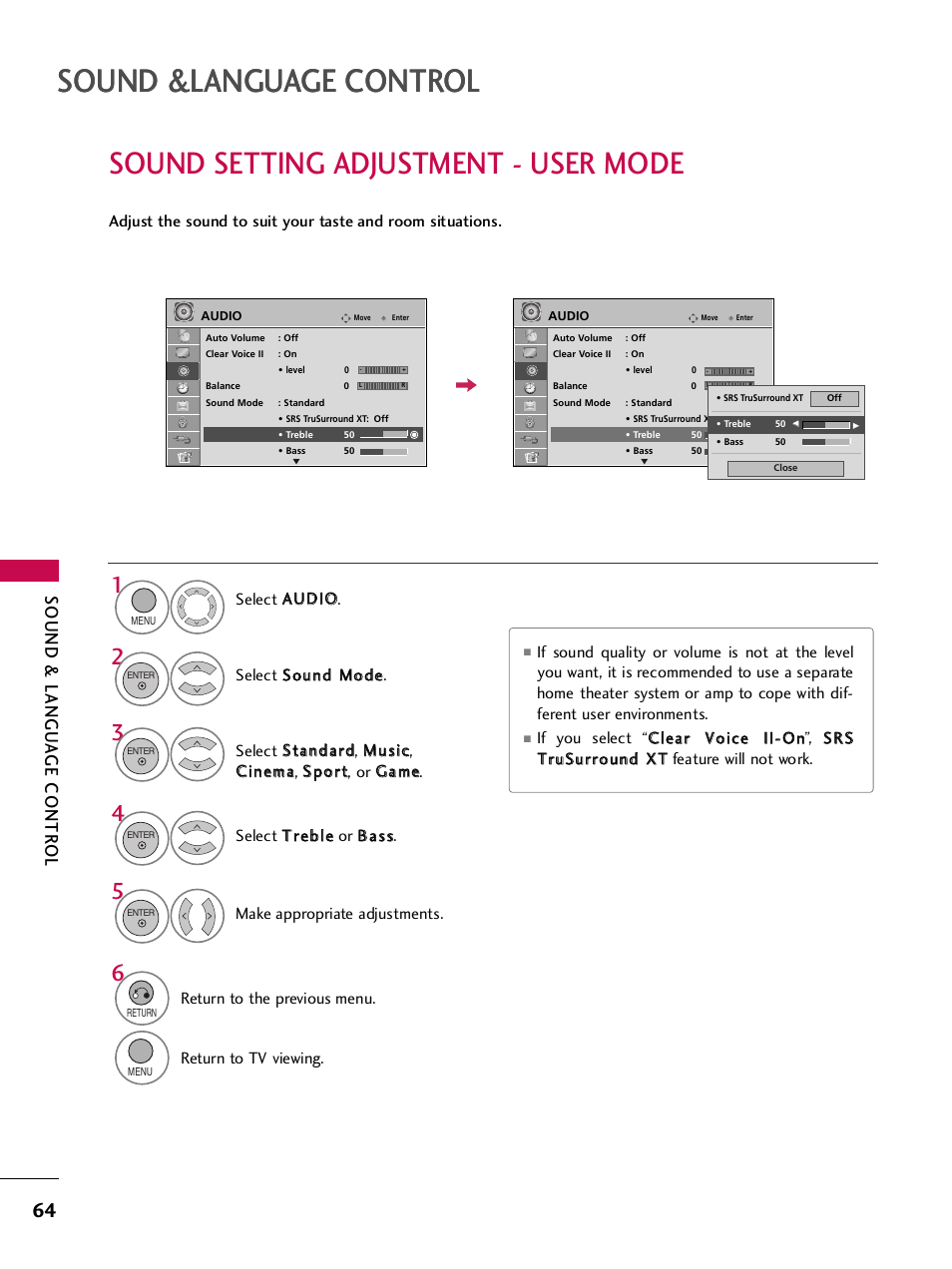 Sound setting adjustment - user mode, Sound &language control, Sound & langu a ge contr ol | LG 32LH240H User Manual | Page 67 / 157