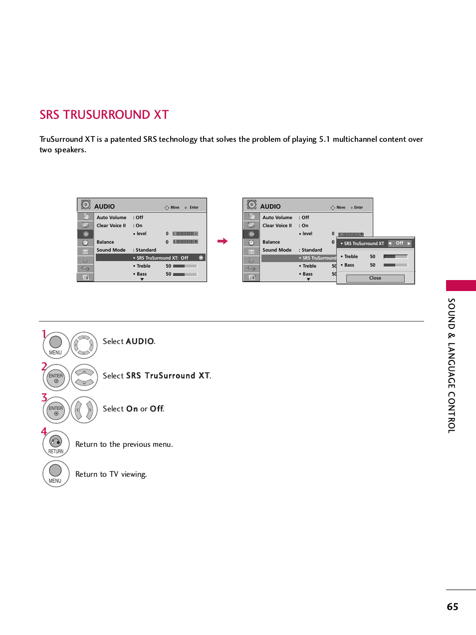 Srs trusurround xt, Sound & langu a ge contr ol, Return to the previous menu | Return to tv viewing | LG 32LH240H User Manual | Page 68 / 157