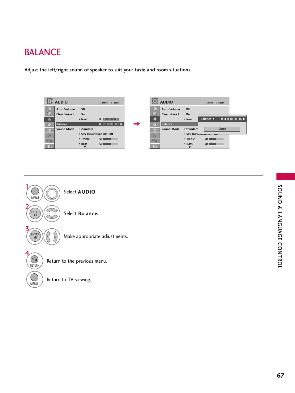 Balance, Sound & langu a ge contr ol, Return to the previous menu | Return to tv viewing | LG 32LH240H User Manual | Page 70 / 157