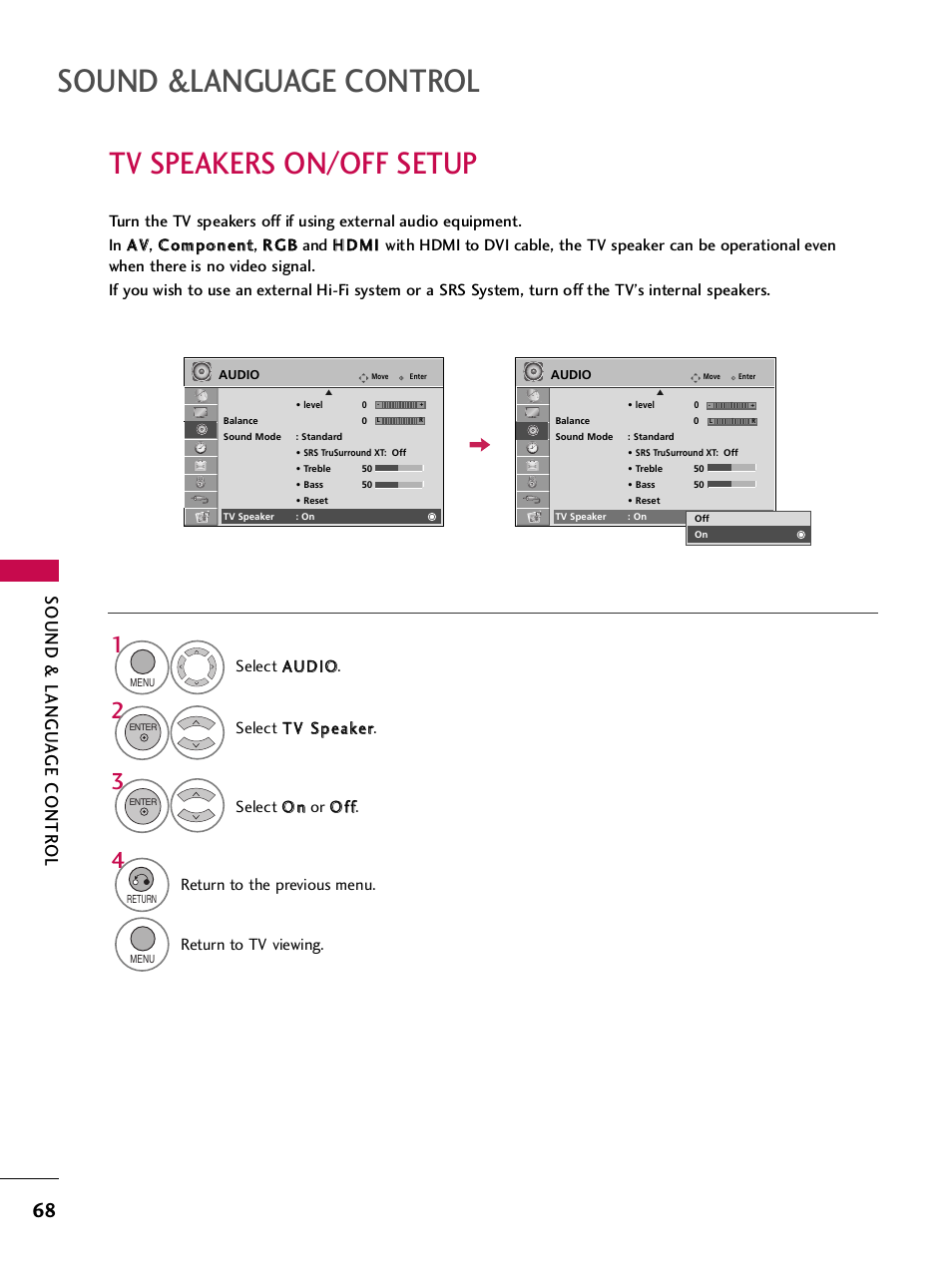 Tv speakers on/off setup, Sound &language control, Sound & langu a ge contr ol | LG 32LH240H User Manual | Page 71 / 157