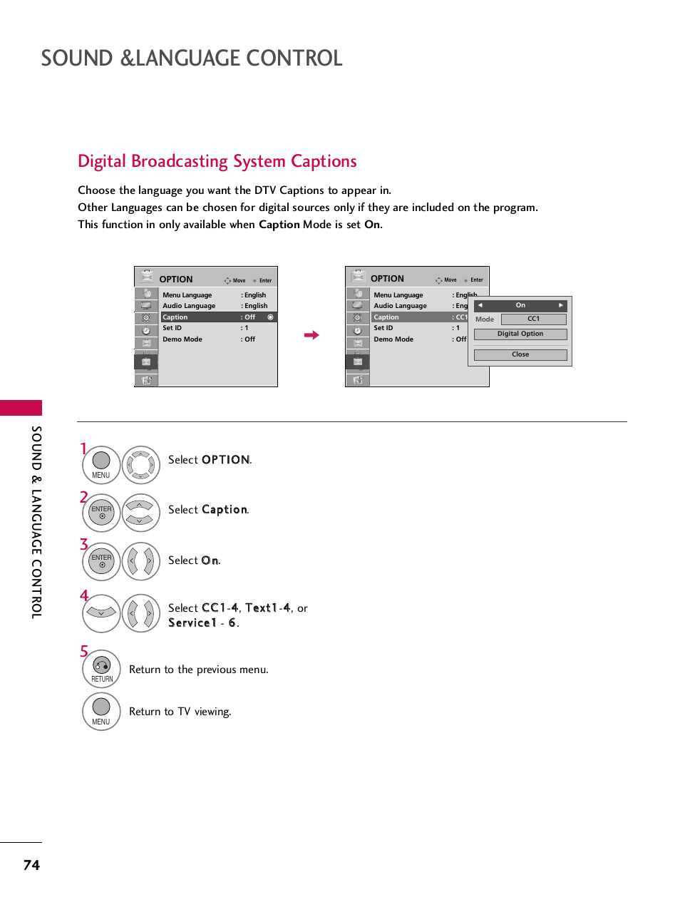 Digital broadcasting system captions, Sound &language control, Sound & langu a ge contr ol | LG 32LH240H User Manual | Page 77 / 157