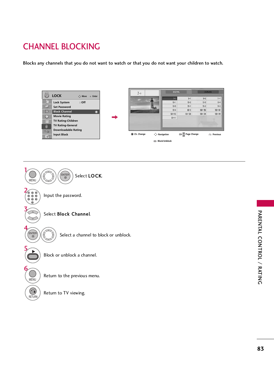 Channel blocking, Parent al contr ol / r a ting | LG 32LH240H User Manual | Page 86 / 157