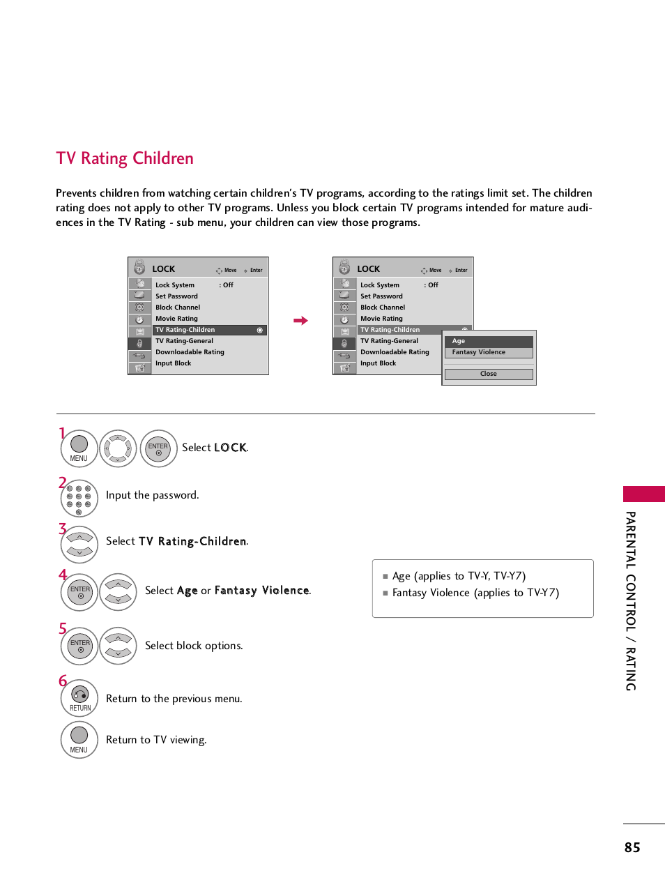 Tv rating children, Parent al contr ol / r a ting | LG 32LH240H User Manual | Page 88 / 157