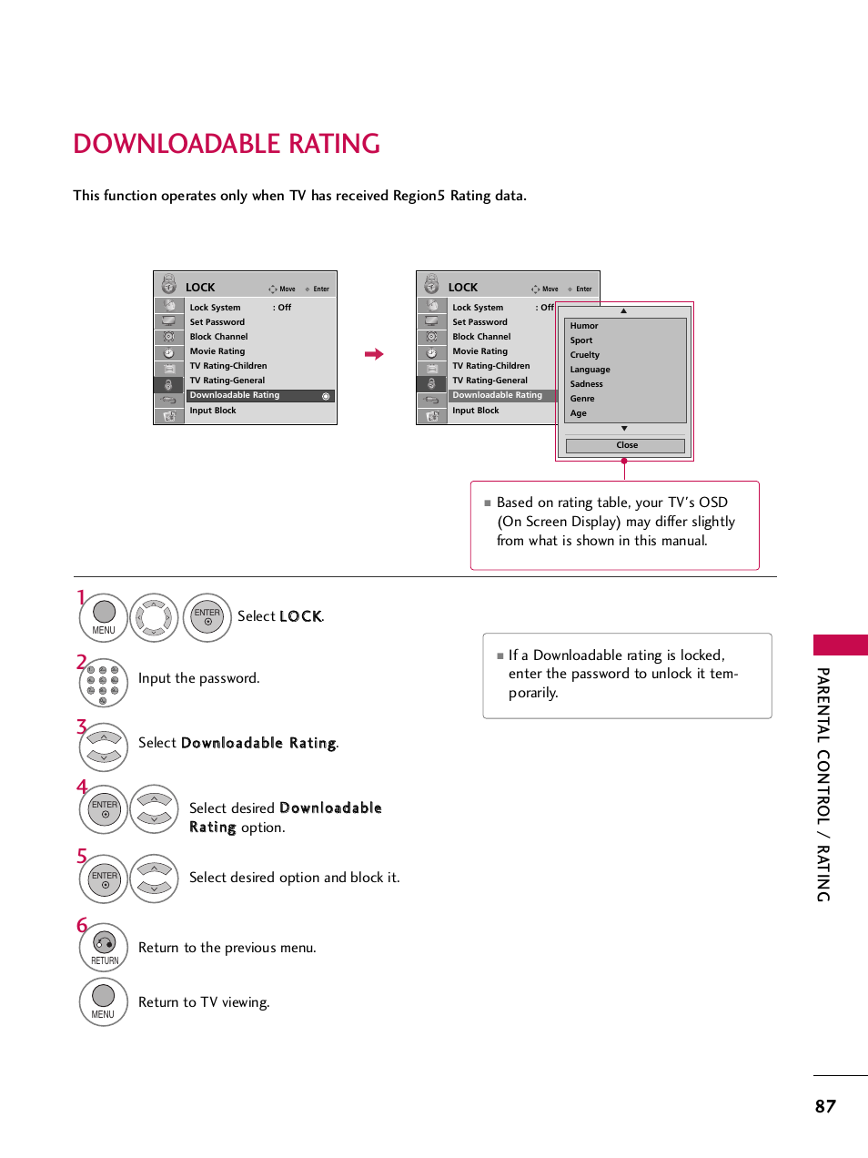 Downloadable rating, Parent al contr ol / r a ting | LG 32LH240H User Manual | Page 90 / 157