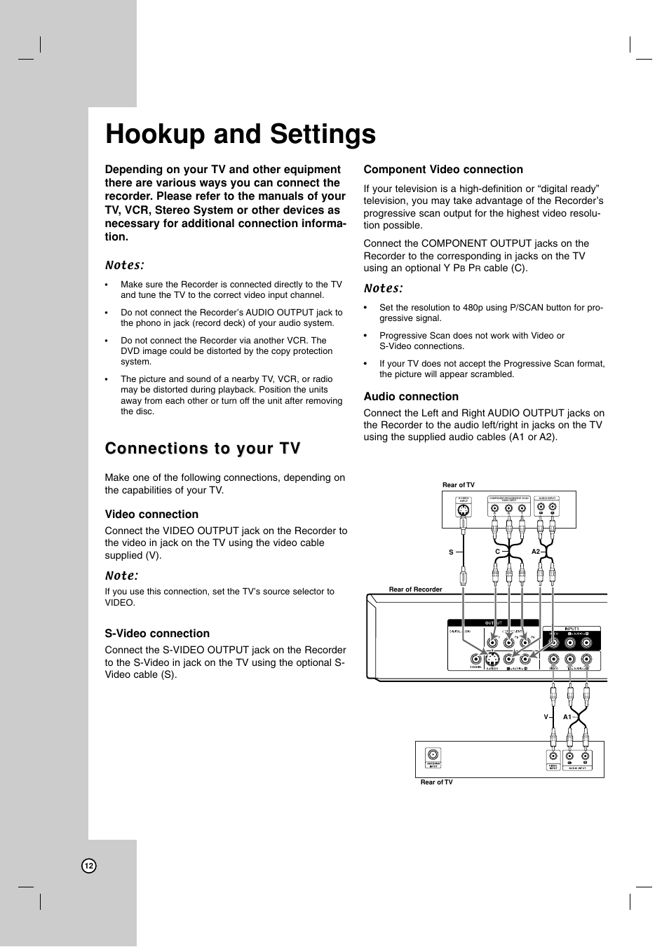 Hookup and settings, Connections to your tv, Video connection | S-video connection, Component video connection, Audio connection | LG XBR716 User Manual | Page 12 / 48