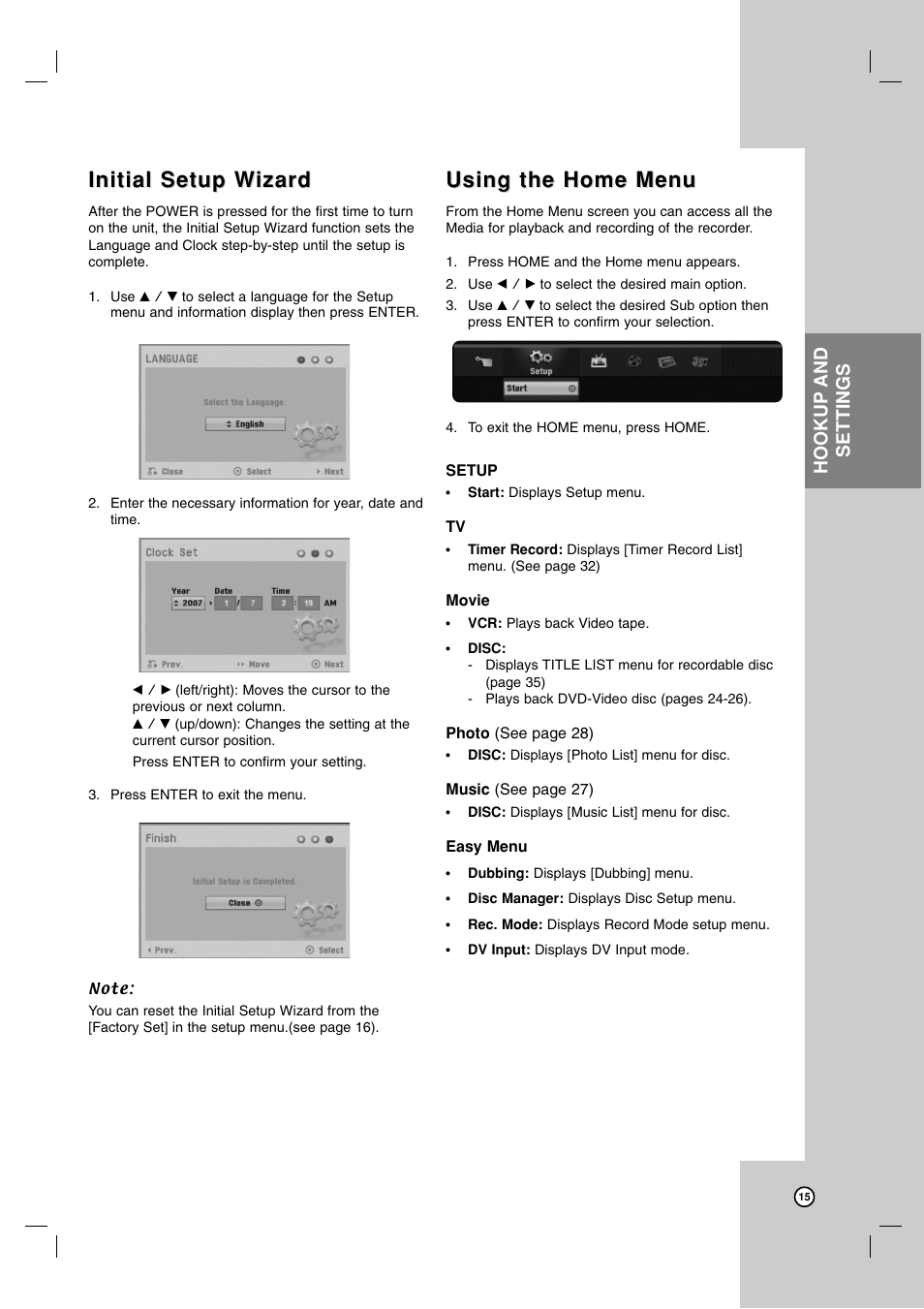 Initial setup w, Initial setup w izard izard, Using the home menu | Hookup and settings | LG XBR716 User Manual | Page 15 / 48