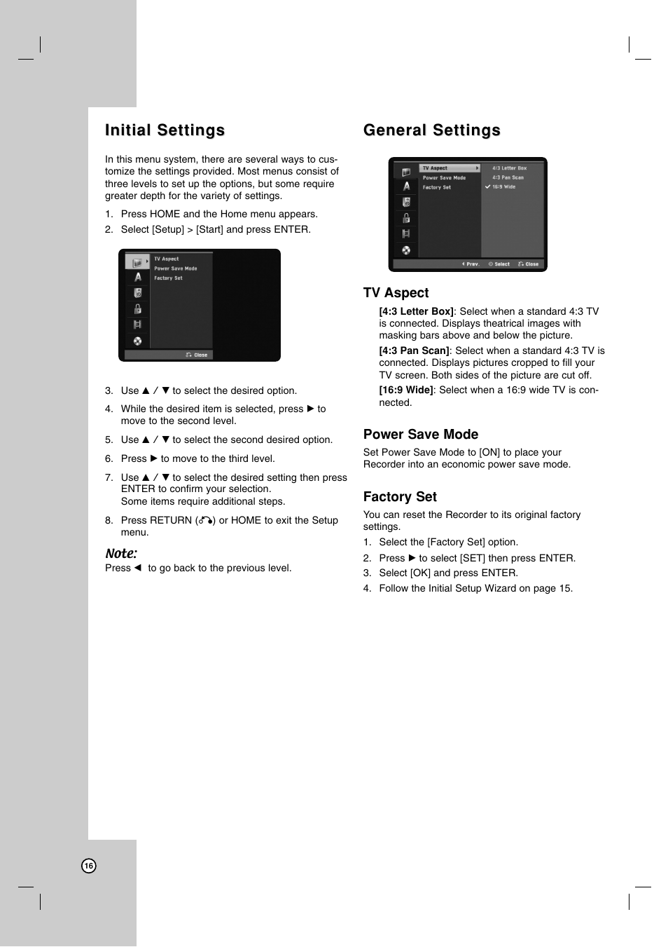 Initial settings, General settings, Tv aspect | Power save mode, Factory set | LG XBR716 User Manual | Page 16 / 48