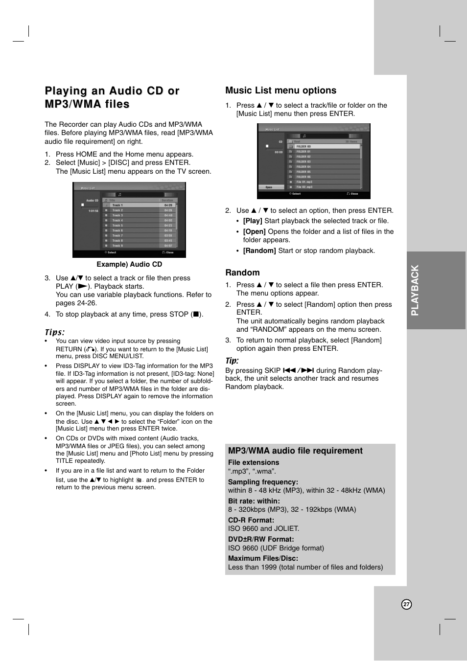 Playing an, Music list menu options, Pla yback | LG XBR716 User Manual | Page 27 / 48