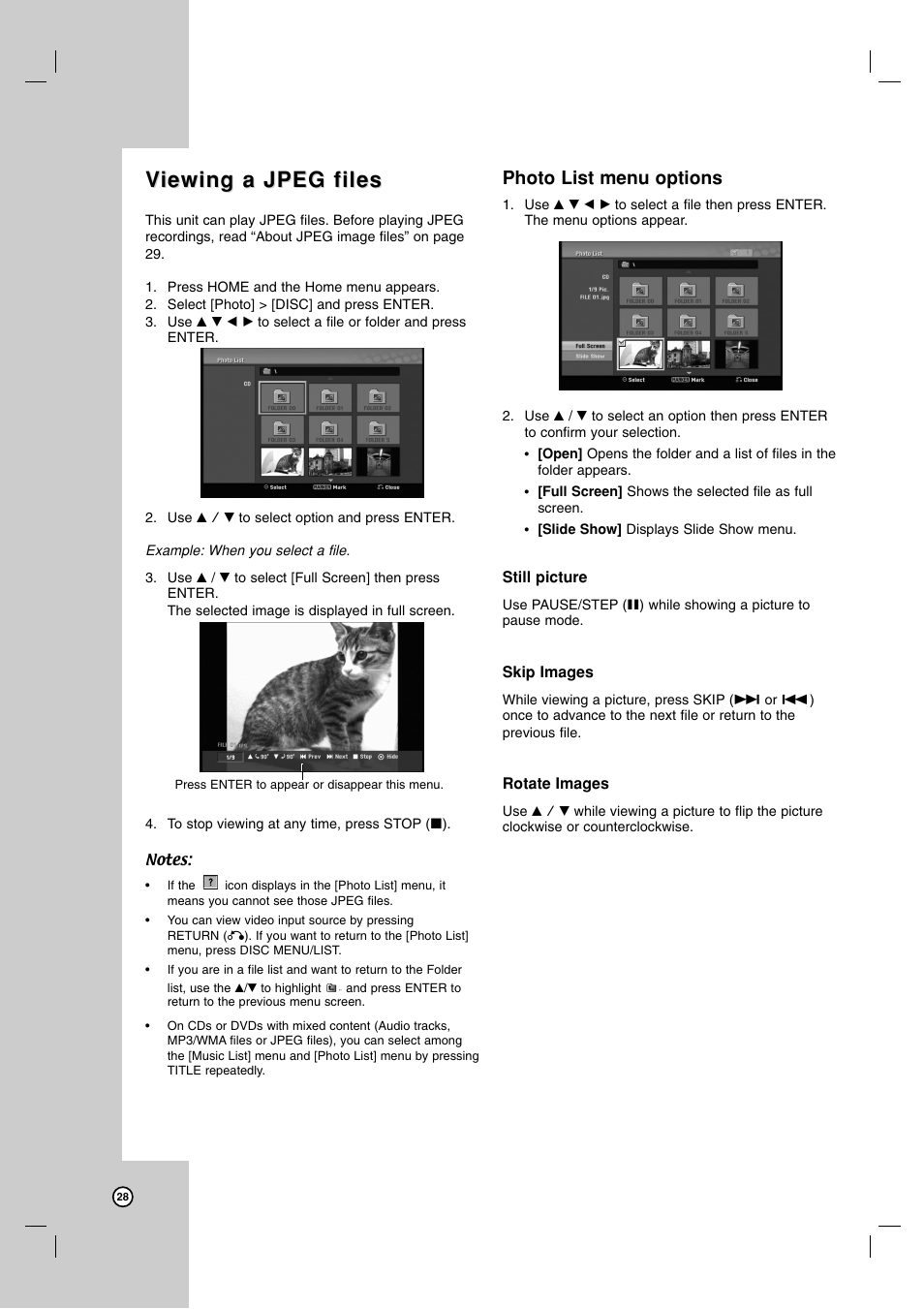 Viewing a jpeg files iewing a jpeg files, Photo list menu options | LG XBR716 User Manual | Page 28 / 48
