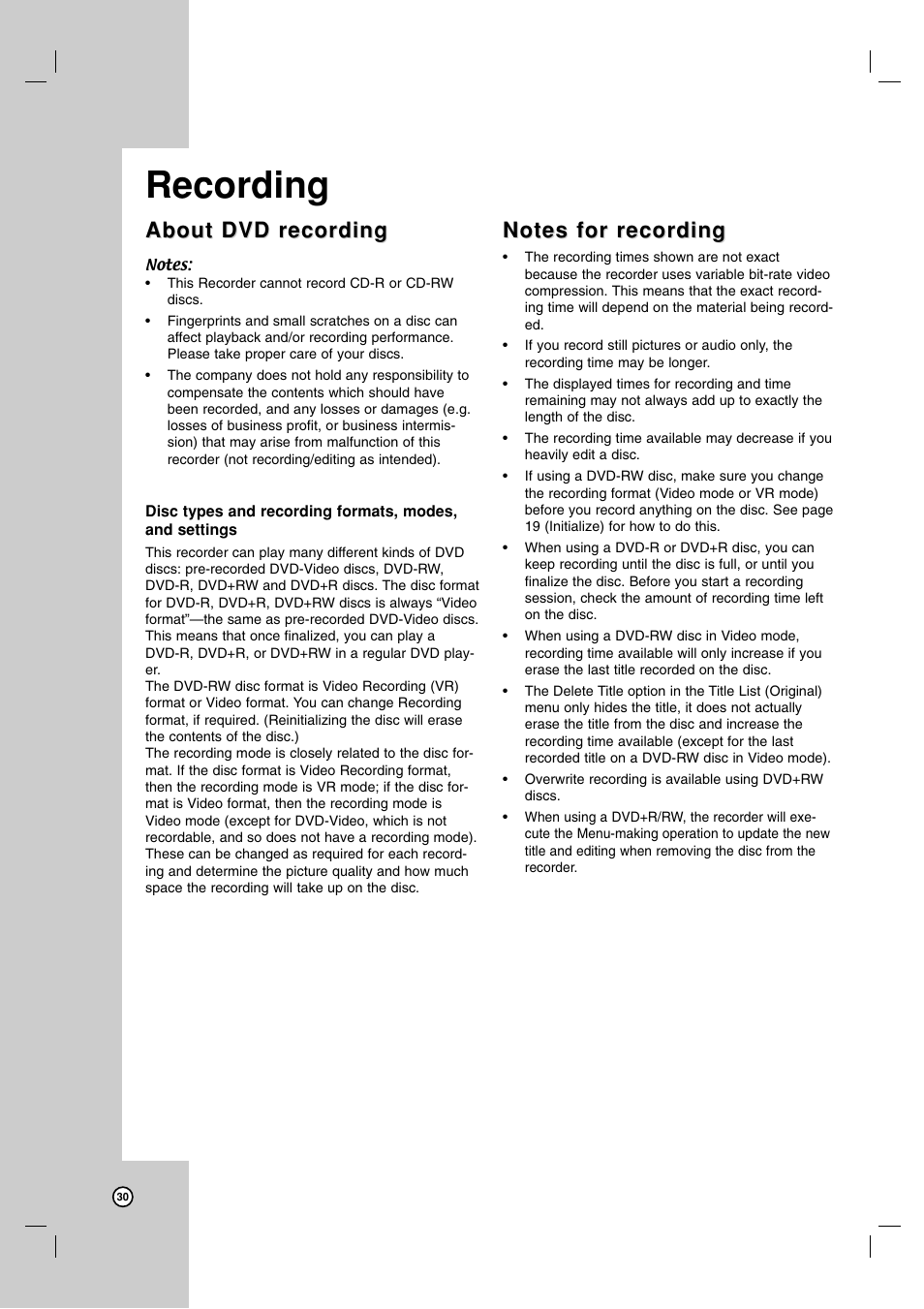 Recording, About dvd recording | LG XBR716 User Manual | Page 30 / 48