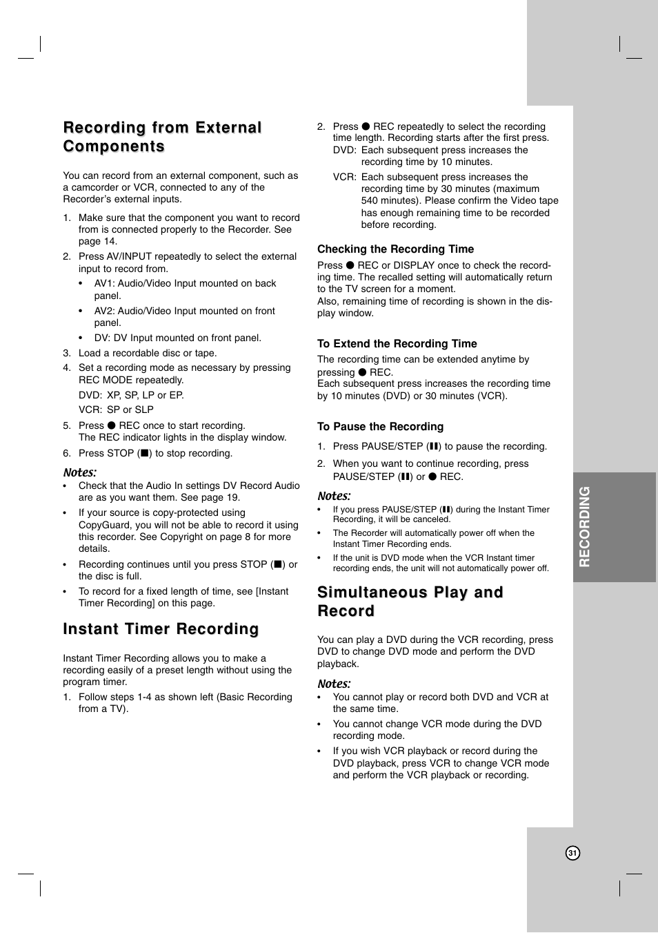 Recording from external, Recording from external components components, Instant t | Instant t imer recording imer recording, Simultaneous play and, Simultaneous play and record record, Recording | LG XBR716 User Manual | Page 31 / 48