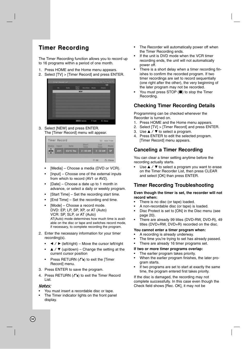 Timer recording imer recording, Checking timer recording details, Canceling a timer recording | Timer recording troubleshooting | LG XBR716 User Manual | Page 32 / 48