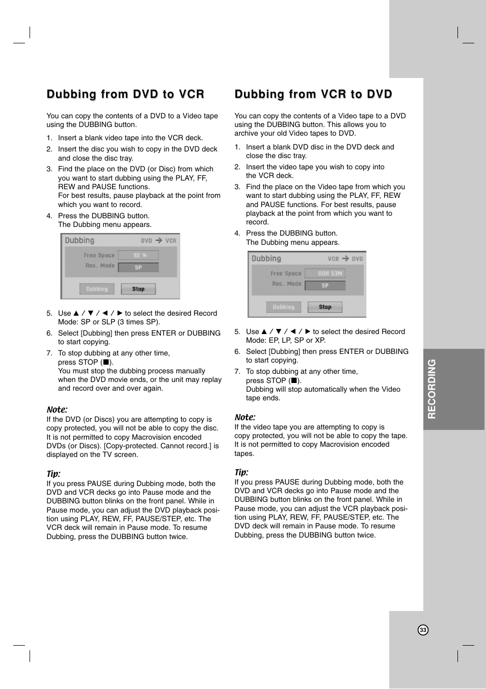 Dubbing from dvd to vcr, Dubbing from vcr to dvd, Recording | LG XBR716 User Manual | Page 33 / 48