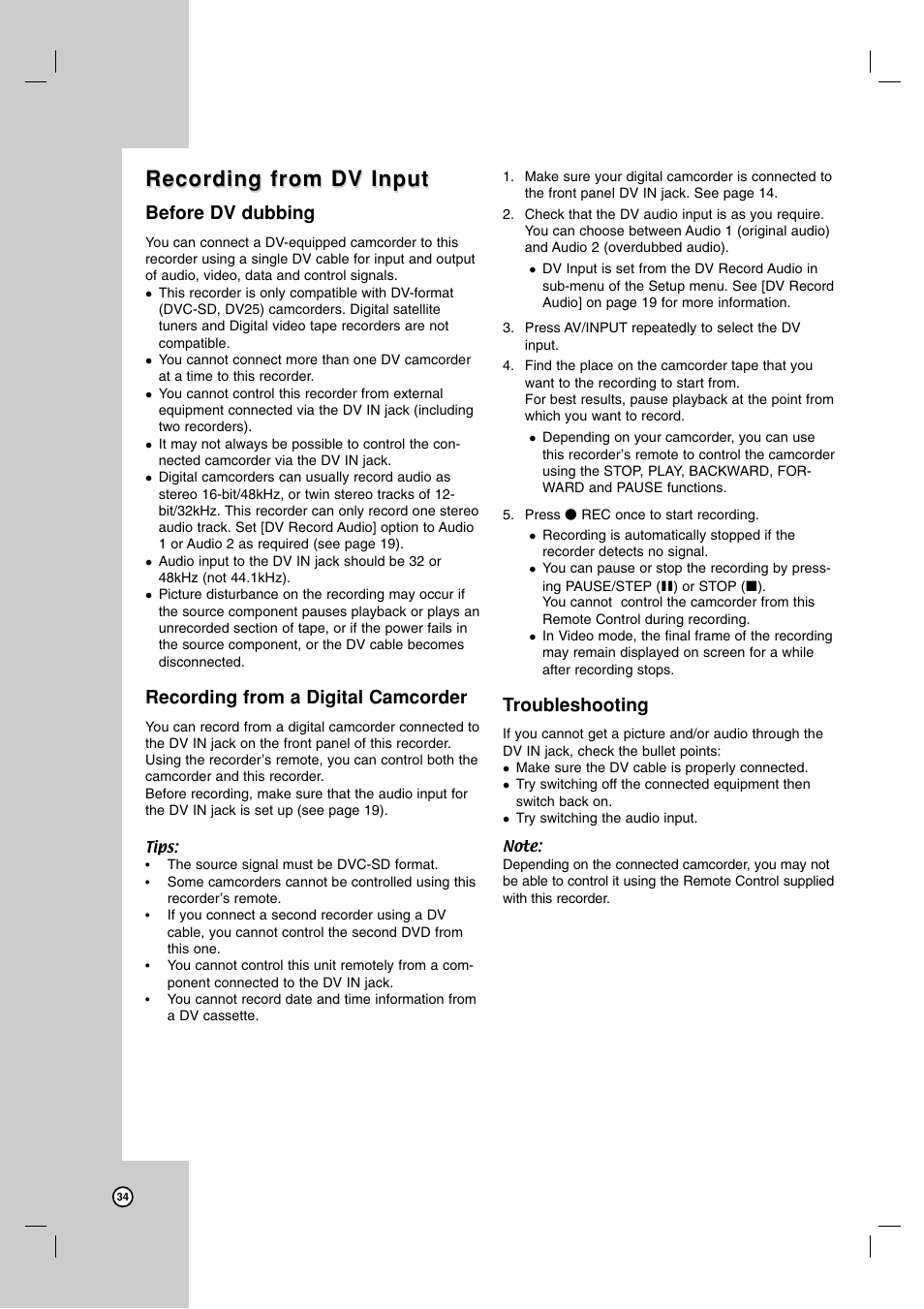 Recording from dv input, Before dv dubbing, Recording from a digital camcorder | Troubleshooting | LG XBR716 User Manual | Page 34 / 48