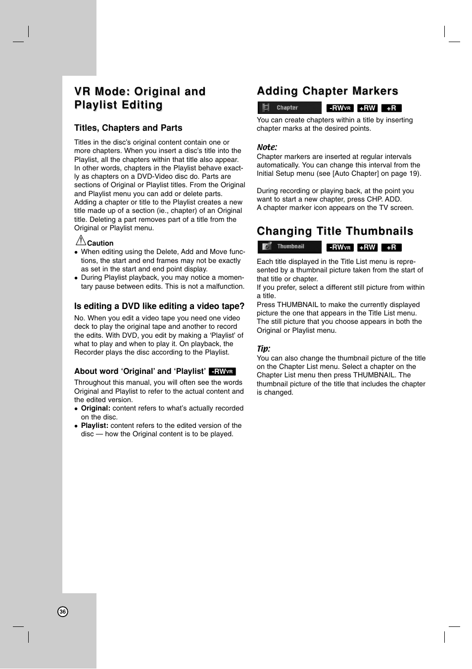 Vr mode: original and, Adding chapter markers, Changing t | Changing t itle thumbnails itle thumbnails | LG XBR716 User Manual | Page 36 / 48