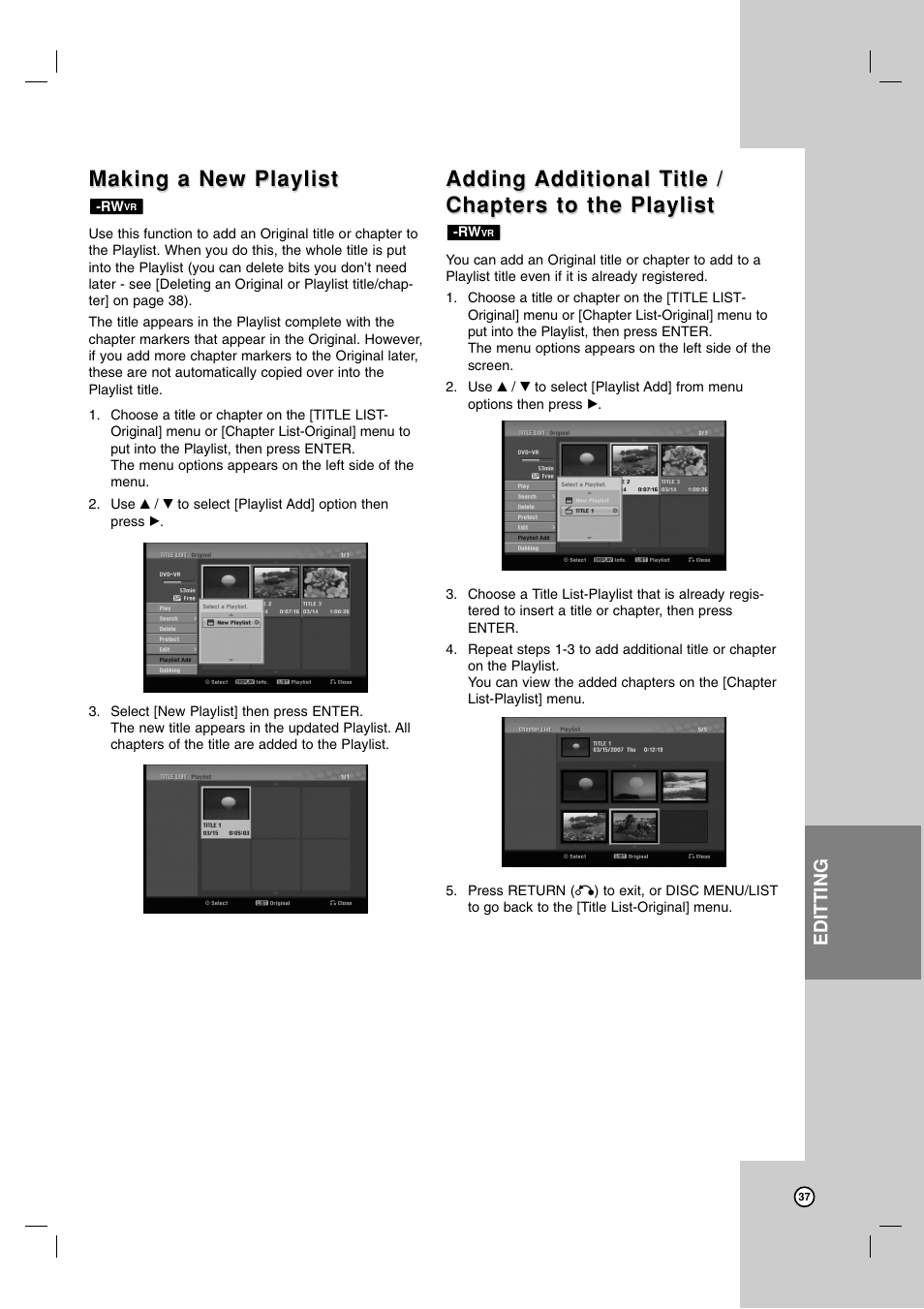 Making a new playlist, Adding | LG XBR716 User Manual | Page 37 / 48