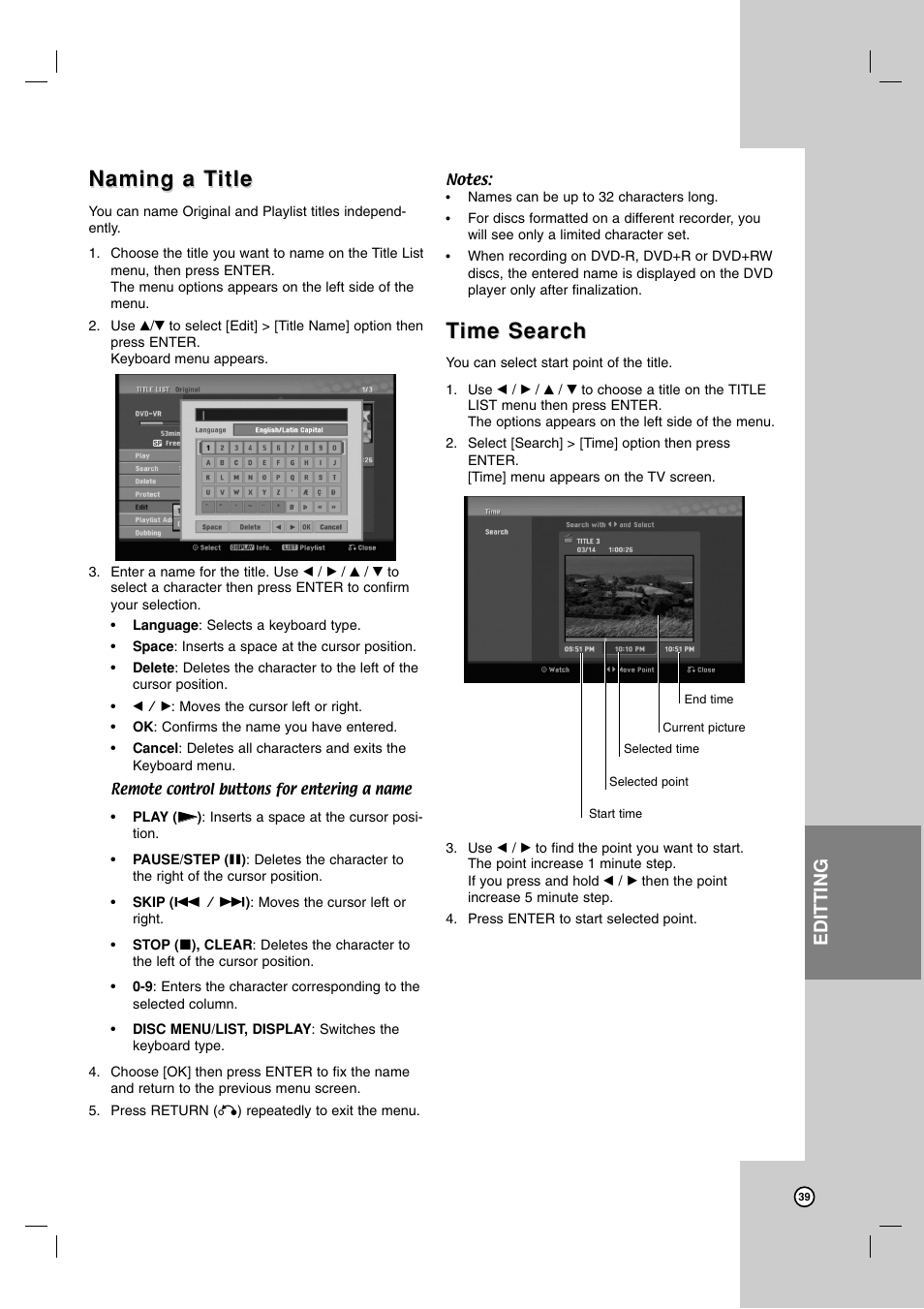 Naming a t, Naming a t itle itle, Time search ime search | Editting | LG XBR716 User Manual | Page 39 / 48