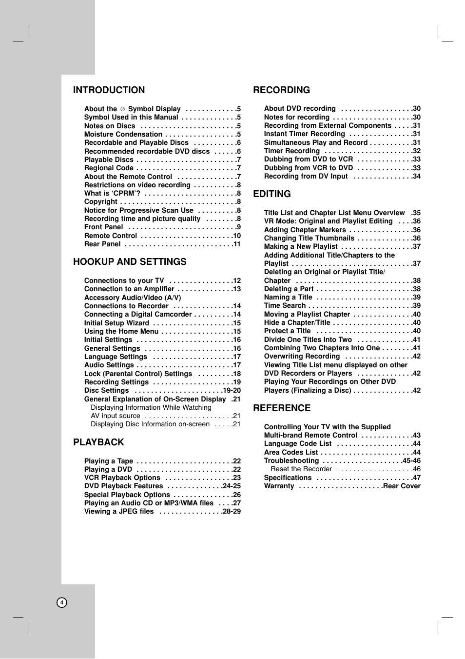 Introduction, Hookup and settings, Playback | Recording, Editing, Reference | LG XBR716 User Manual | Page 4 / 48