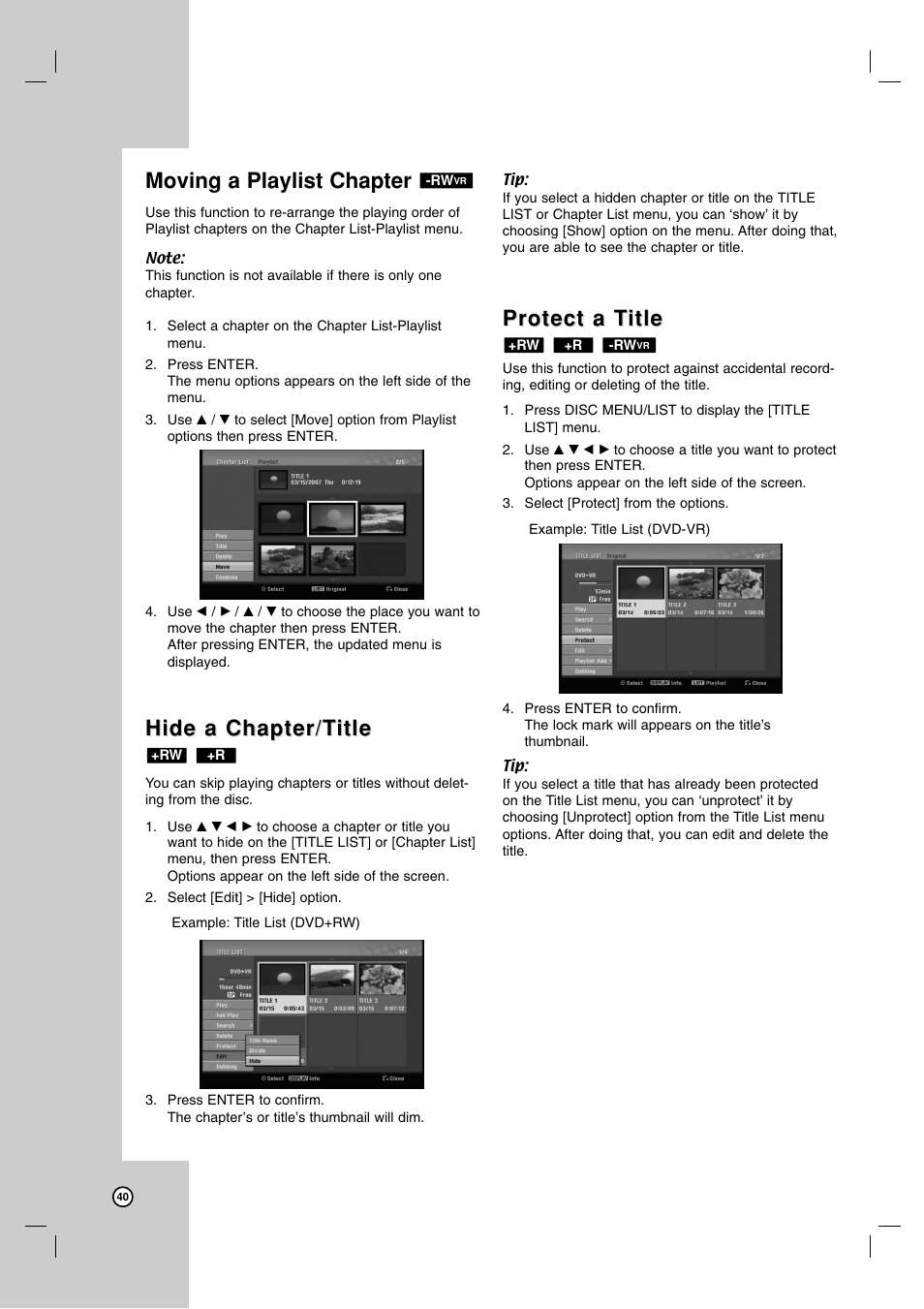 Moving a playlist chapter, Hide a chapter/t, Hide a chapter/t itle itle | Protect a t, Protect a t itle itle | LG XBR716 User Manual | Page 40 / 48