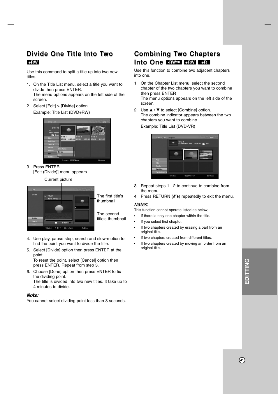 Divide one t, Divide one t itle into t itle into t wo wo, Combining t | Editting | LG XBR716 User Manual | Page 41 / 48