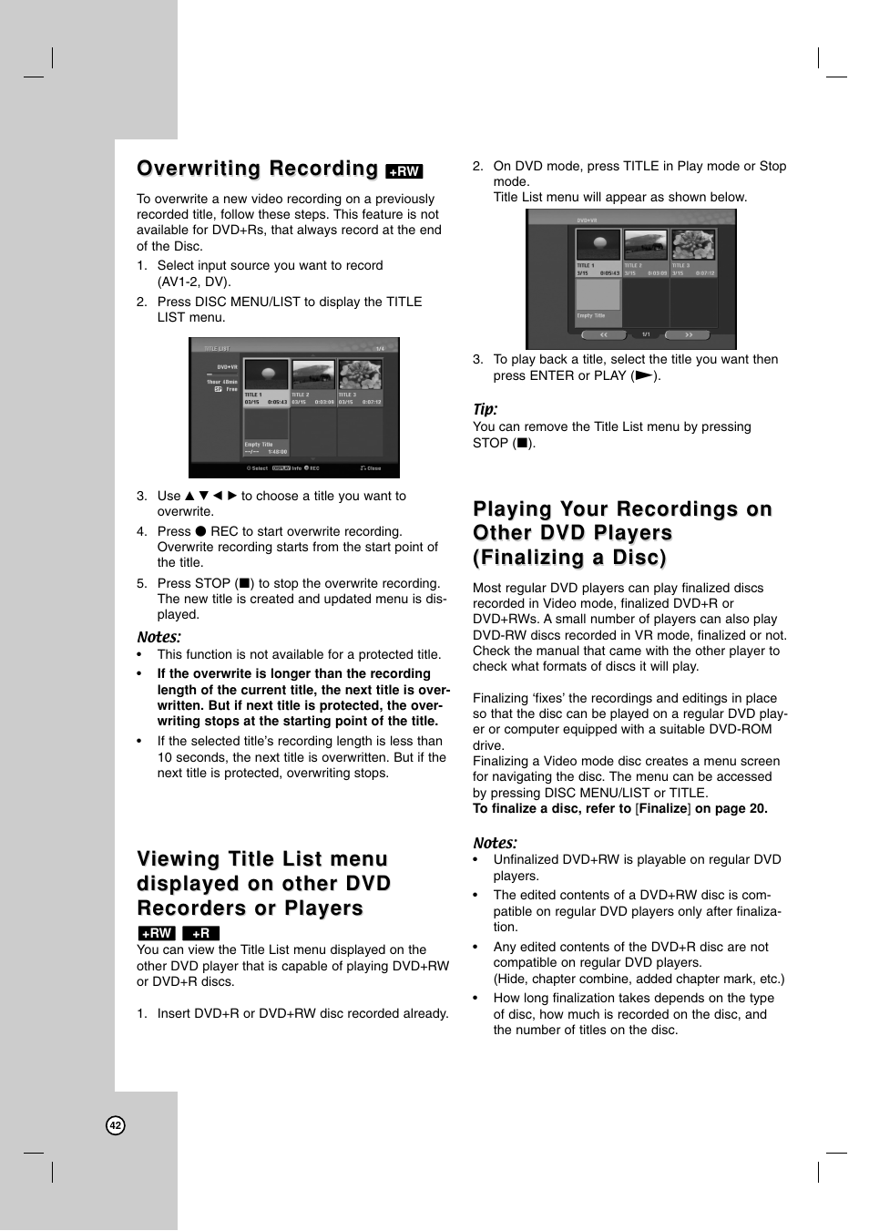 Overwriting recording, Playing | LG XBR716 User Manual | Page 42 / 48