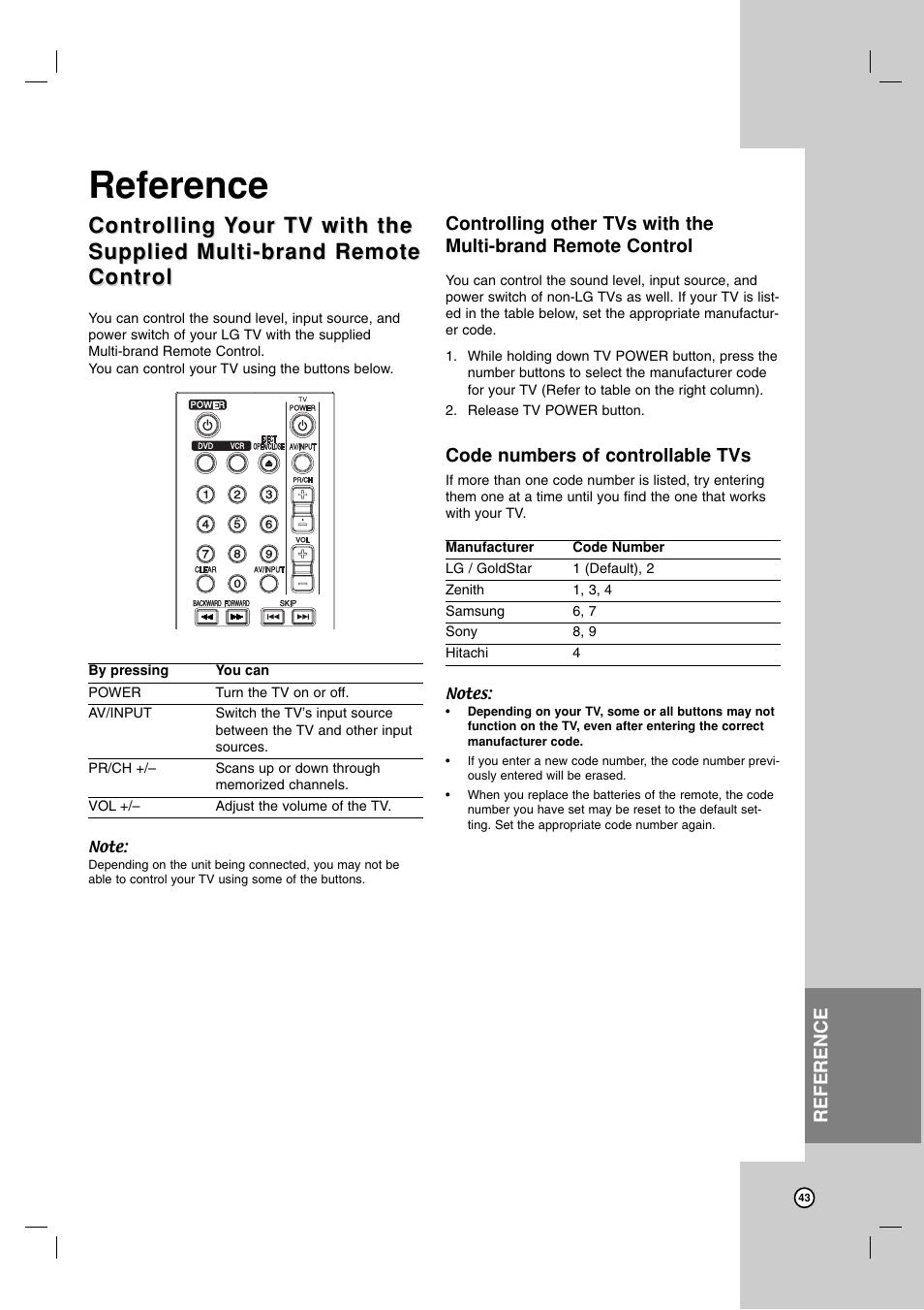 Reference, Controlling | LG XBR716 User Manual | Page 43 / 48