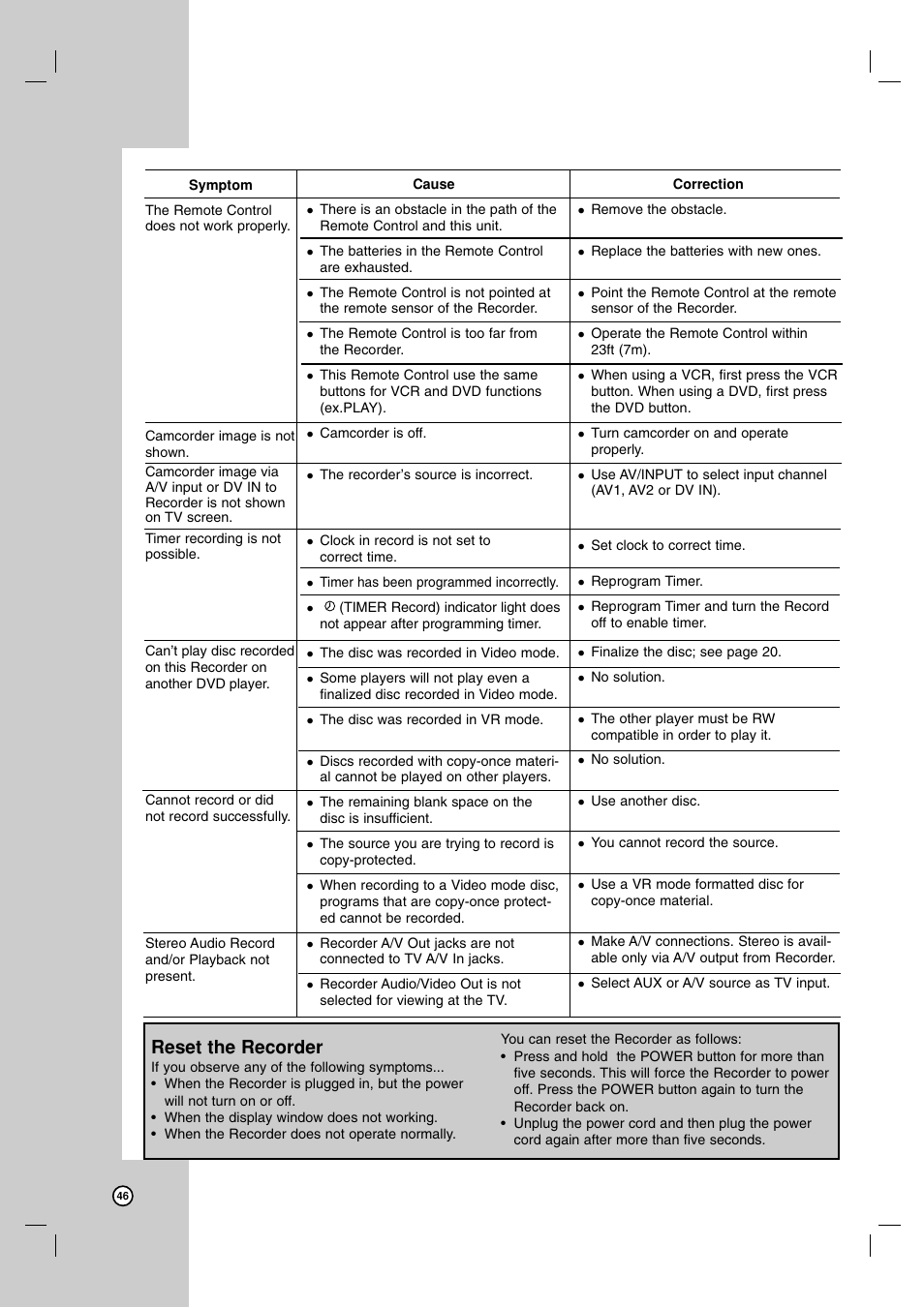 Reset the recorder | LG XBR716 User Manual | Page 46 / 48