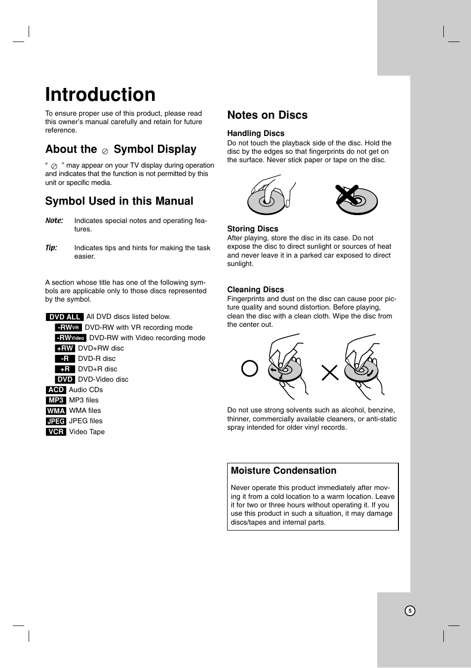 Introduction, About the symbol display, Symbol used in this manual | Moisture condensation | LG XBR716 User Manual | Page 5 / 48