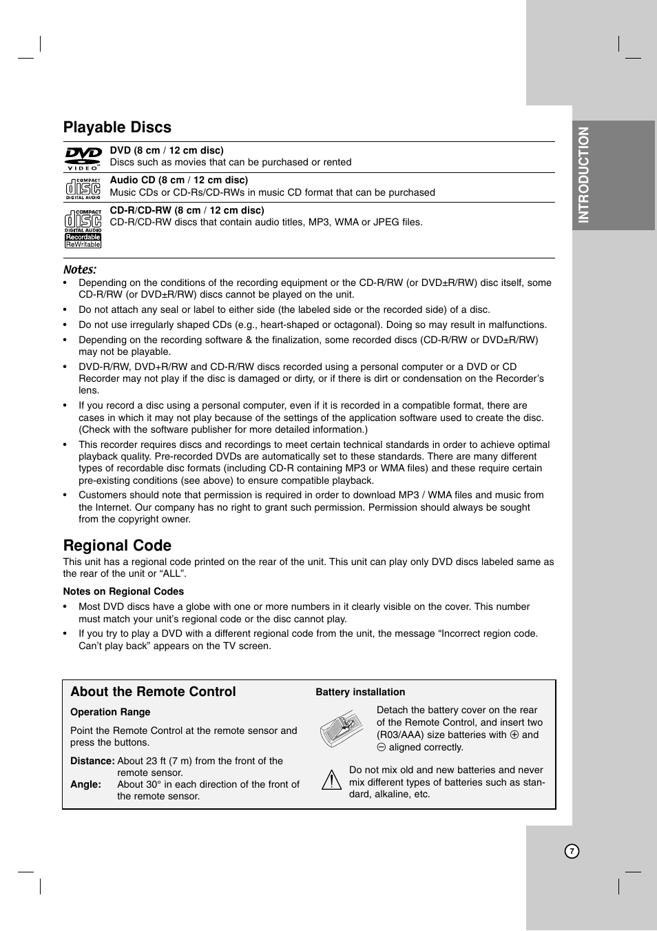 Playable discs, Regional code, Introduction | About the remote control | LG XBR716 User Manual | Page 7 / 48