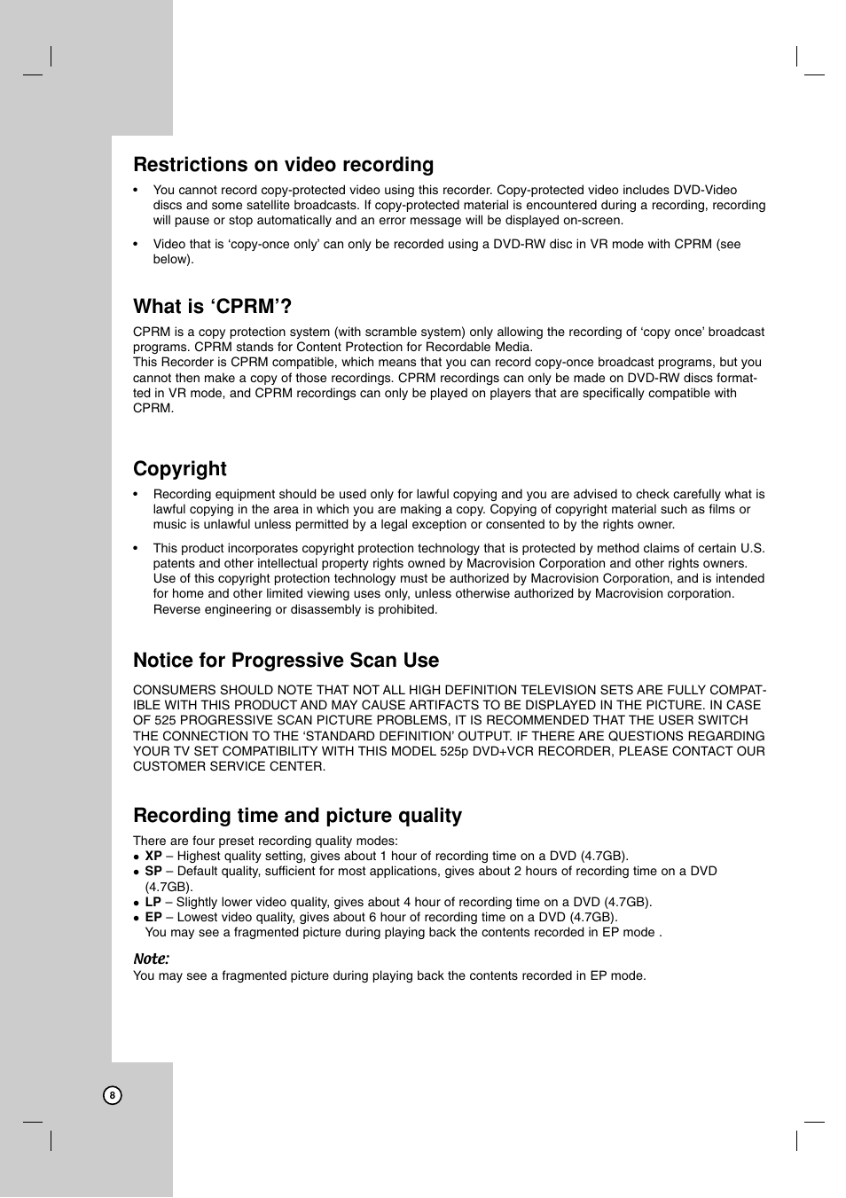 Restrictions on video recording, What is ‘cprm, Copyright | Notice for progressive scan use, Recording time and picture quality | LG XBR716 User Manual | Page 8 / 48