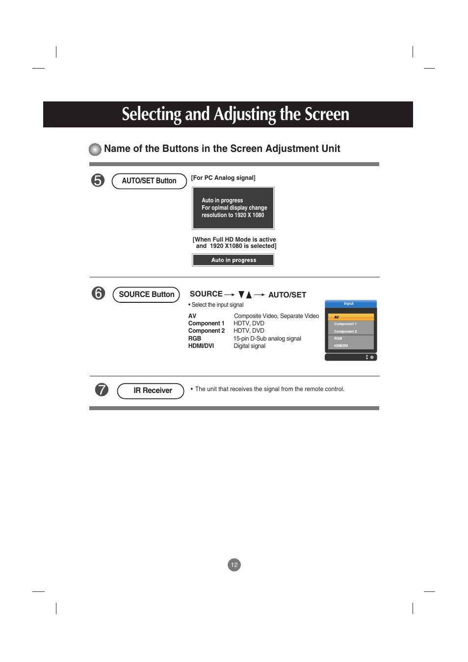 Selecting and adjusting the screen, Name of the buttons in the screen adjustment unit | LG M5201C-BA User Manual | Page 13 / 50