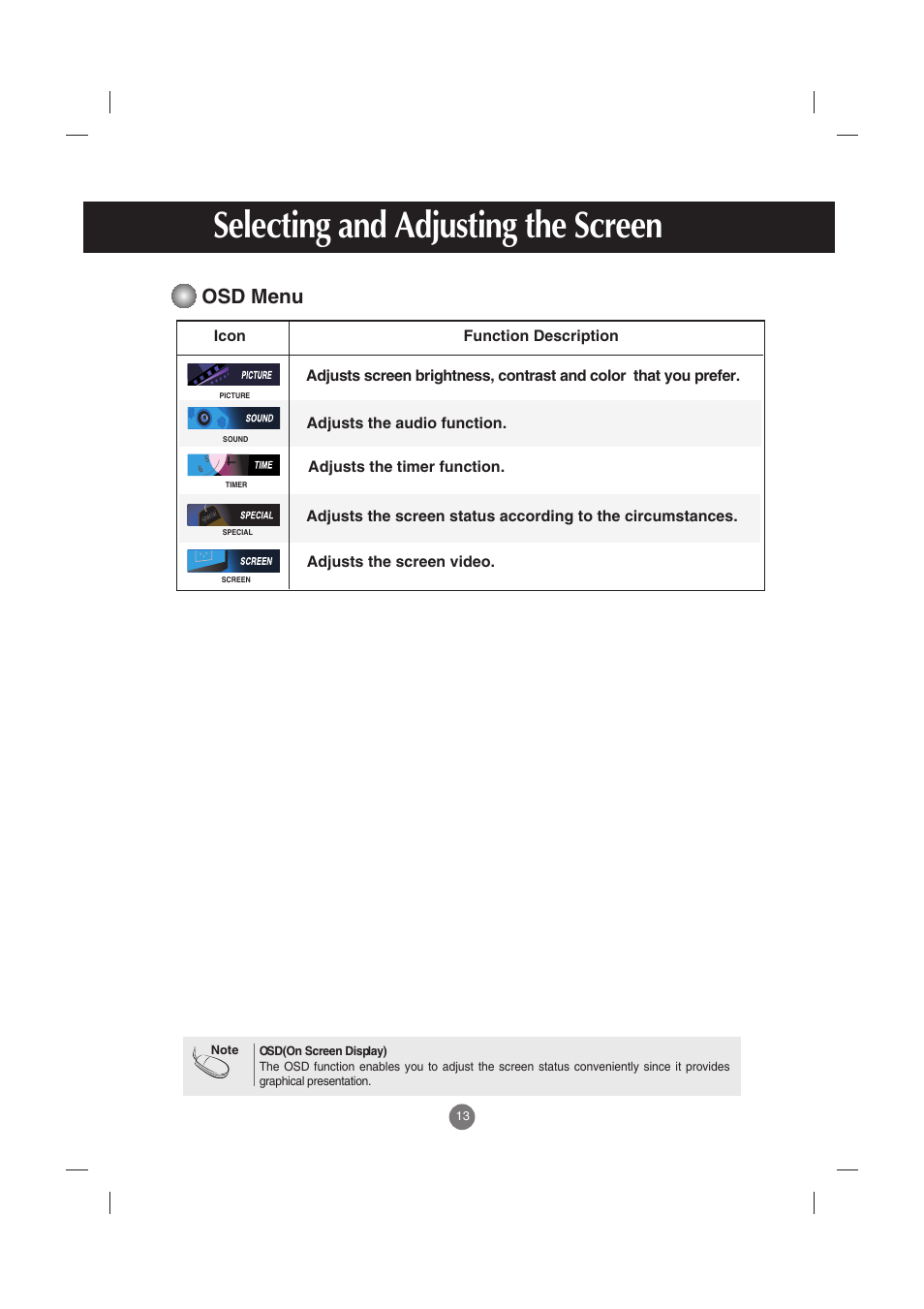 Osd menu, Selecting and adjusting the screen | LG M5201C-BA User Manual | Page 14 / 50