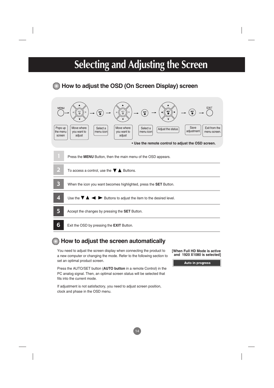 How to adjust the osd (on screen display) screen, How to adjust the screen automatically, Selecting and adjusting the screen | LG M5201C-BA User Manual | Page 15 / 50