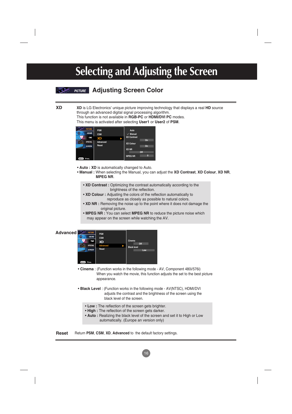 Selecting and adjusting the screen, Adjusting screen color, Advanced | Reset | LG M5201C-BA User Manual | Page 17 / 50